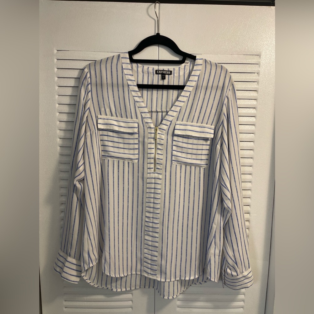 Express Zipper Portofino Long Sleeve Shirt - Blue/ White Stripes (L)